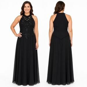 Karen Miller VTG High Neck Black Beaded Sequined Full Length Formal Gown